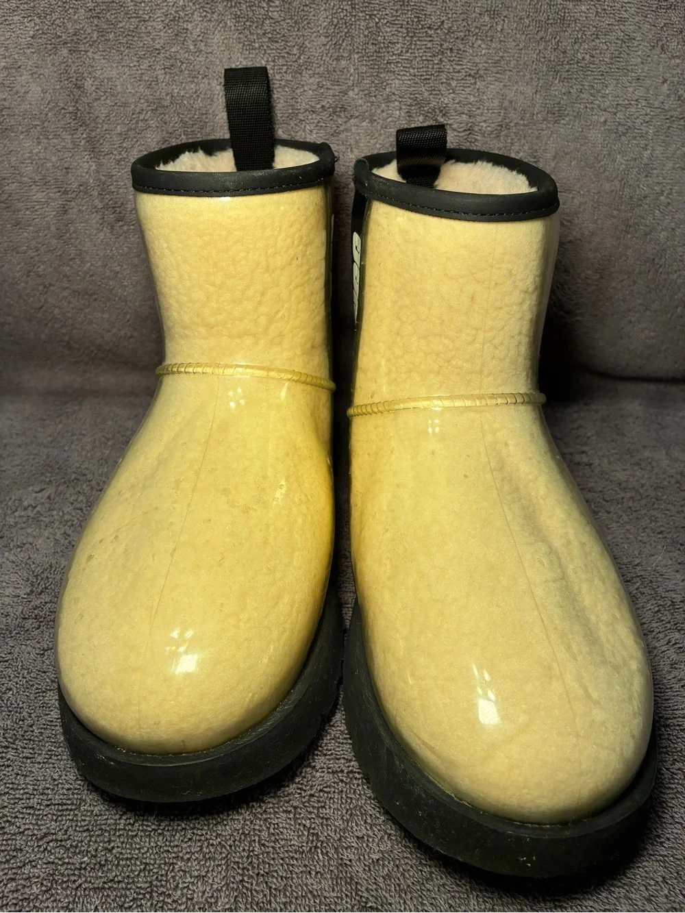 UGG Yellow Patent Shearling Ankle Boots with Black Trim